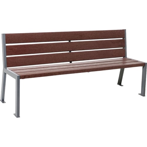 Sitzbank SILAOS mit Rückenlehne aus Recycling-Kunststoff und Metallgestell in braun und grau