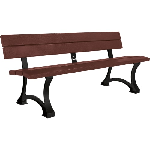 Sitzbank MORA Classic aus Recycling-Kunststoff mit braunen Sitz- und Rückenlehnen und schwarzem Metallgestell