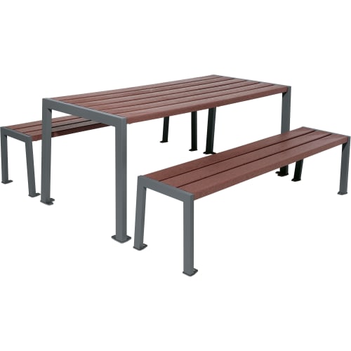 SILAOS Picknicktisch mit Bänken aus Recycling-Kunststoff für Parks und Grünflächen, braune Tisch- und Bankflächen mit grauem Metallgestell