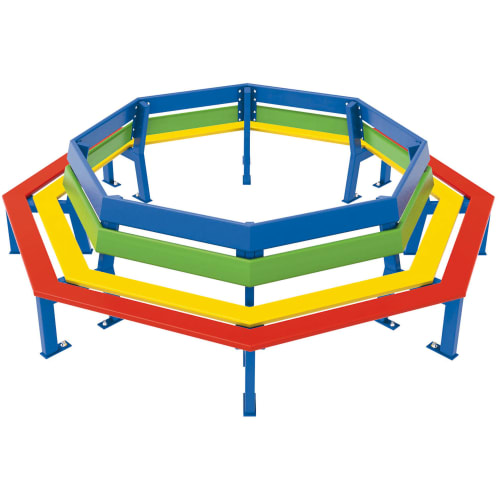 Bunte Baum-Rundbank SILAOS® KiTA mit mehrfarbigen Sitzflächen in Rot, Gelb, Grün und Blau