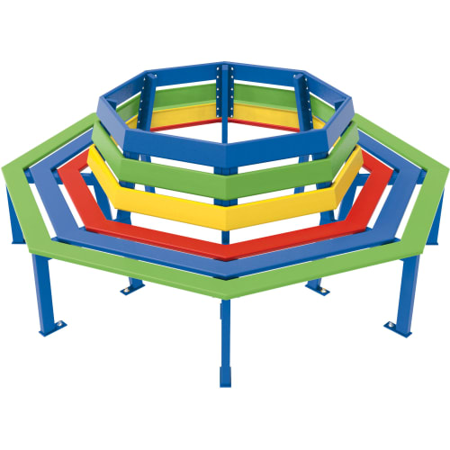 Bunte Baum-Rundbank SILAOS® Grundschule mit mehrfarbigen Sitzflächen und blauer Metallstruktur