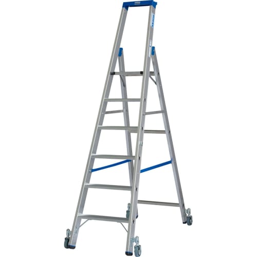 Fahrbare Stufen-Stehleiter STABILO aus Aluminium mit blauen Akzenten und Rollen