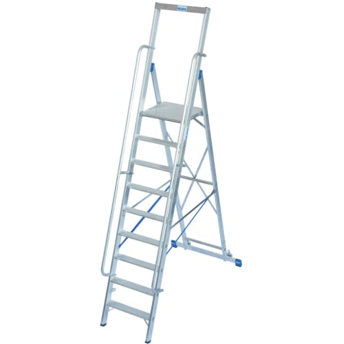 Stufen-Stehleiter STABILO aus Aluminium mit großer Standplattform und Sicherheitsgeländer