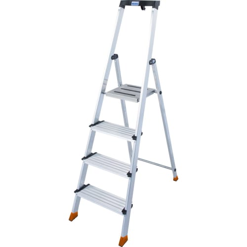 Stufen-Stehleiter MONTO Sepuro aus Aluminium mit rutschfesten Stufen und orangefarbenen Füßen