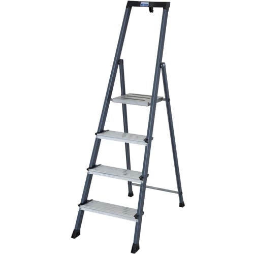 Stufen-Stehleiter MONTO Securo eloxiert mit vier Stufen und grauem Metallrahmen