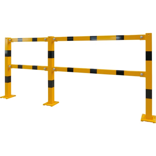 Modulares Schutzgeländer aus Stahl in gelb mit schwarzen Streifen, Industrie-Schutzgeländer von WACHTWERK X®