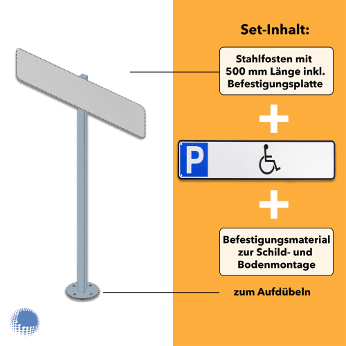 Parkplatzreservierer-Set für Behindertenparkplatz mit Stahlpfosten 500 mm Länge, Befestigungsplatte und Befestigungsmaterial zur Schild- und Bodenmontage zum Aufdübeln