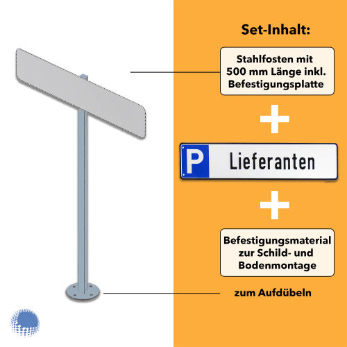 Parkplatzreservierer-Set Lieferanten mit Stahlpfosten 500 mm Länge, Befestigungsplatte und Montagematerial zum Aufdübeln