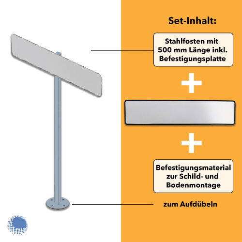 Parkplatzreservierer-Set Blanko mit Stahlpfosten 500 mm Länge, Befestigungsplatte und Befestigungsmaterial zur Schild- und Bodenmontage