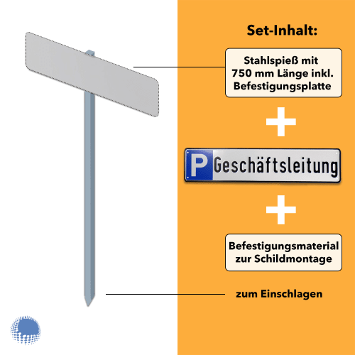 Parkplatzreservierer-Set Geschäftsleitung mit Stahlspieß 750 mm Länge, Befestigungsplatte und Montagematerial zum Einschlagen