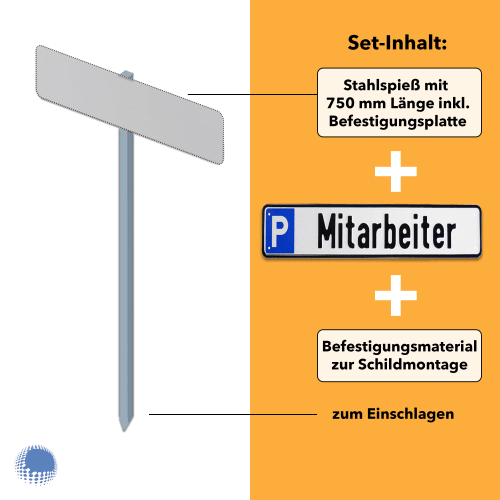 Parkplatzreservierer-Set Mitarbeiter mit Stahlspieß 750 mm Länge, Befestigungsplatte und Montagematerial zum Einschlagen