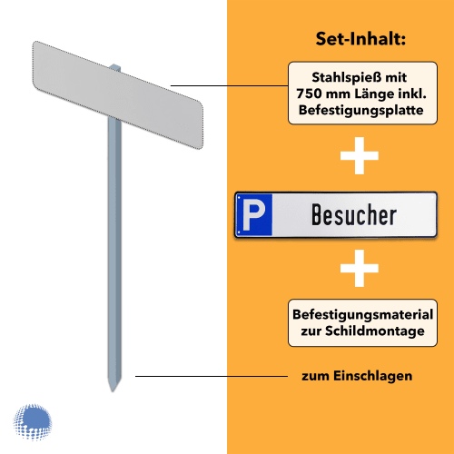 Parkplatzreservierer-Set Besucher mit geprägtem Schild, Stahlspieß 750 mm Länge und Befestigungsmaterial zum Einschlagen