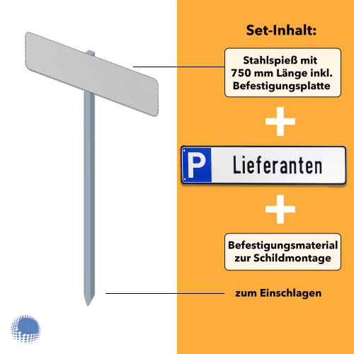 Parkplatzreservierer-Set Lieferanten mit Stahlspieß 750 mm Länge, Befestigungsplatte und Montagematerial