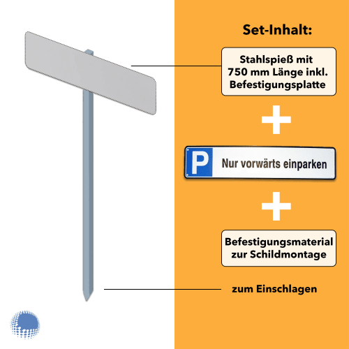 Parkplatzreservierer-Set mit Stahlspieß 750 mm Länge, Parkplatzschild 'Nur vorwärts einparken' und Befestigungsmaterial zur Schildmontage