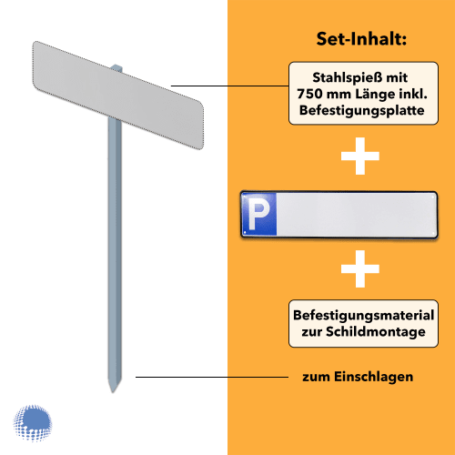 Parkplatzreservierer-Set mit blankem Schild, P-Symbol geprägt, Stahlspieß 750 mm mit Befestigungsplatte und Montagematerial