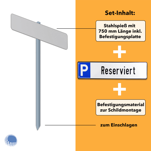 Parkplatzreservierer-Set mit Stahlspieß 750 mm Länge, Parkplatzschild Reserviert und Befestigungsmaterial zur Schildmontage