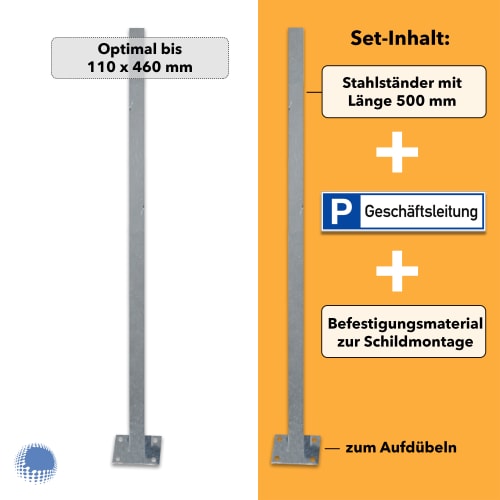 Parkplatzreservierer-Set Geschäftsleitung mit Stahlständer 500 mm, Parkplatzschild und Befestigungsmaterial zum Aufdübeln