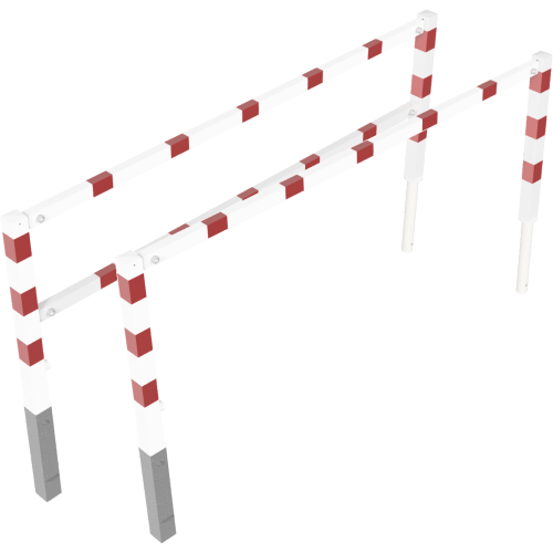 Schwenkbare Wegesperre mit rot-weißen Streifen und Dreikantschloss zur Absperrung von Wegen