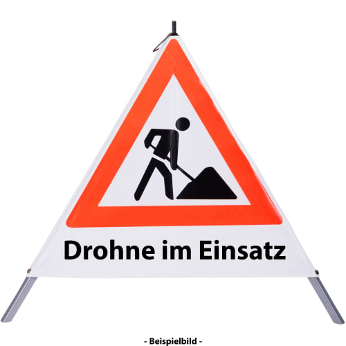 Faltsignal Baustelle mit rotem Dreieck und schwarzem Baustellensymbol, Text Drohne im Einsatz