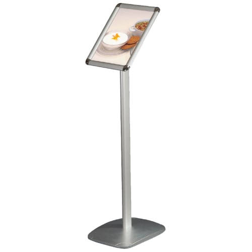 Dekorativer Infoständer mit silbernem Standfuß und Rondo-Ecken, mit einem Bild von Speisen im Rahmen