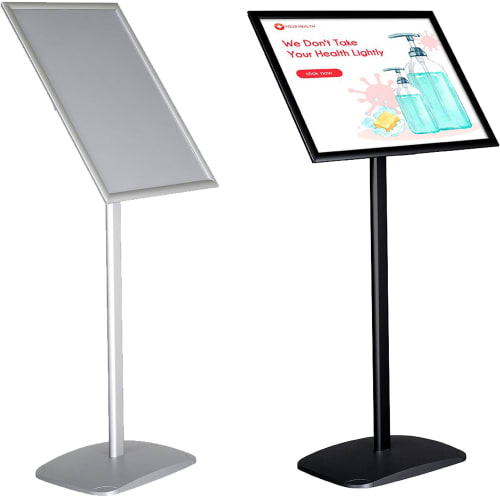 Dekorativer Infoständer mit spitzen Ecken in silber und schwarz, mit geneigtem Rahmen für Informationsblätter