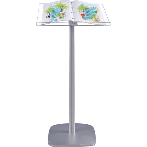 Infoständer Folder mit aufgeschlagenem Prospekt auf silbernem Ständer und stabilem Sockel