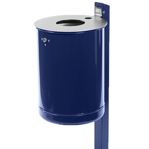Rund-Abfallbehälter EP in dunkelblau mit integriertem Ascher, Deckelscheibe und Pfosten, Fassungsvermögen 3,5 + 46,5 Liter