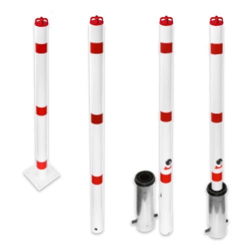 Absperrpfosten mit Kettenkopf weiß mit roten Streifen, verschiedene Befestigungsarten