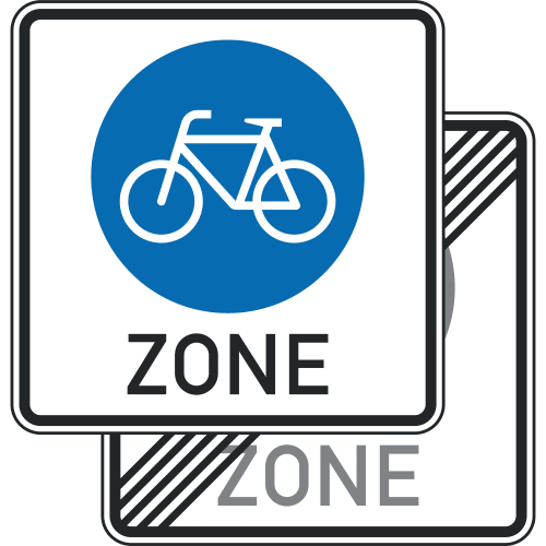 Doppelseitiges Verkehrszeichen Fahrradzone VZ 244.3-40 mit blauem Fahrradsymbol und Schriftzug ZONE