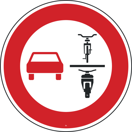 Verkehrszeichen Verbot des Überholens von einspurigen Fahrzeugen für mehrspurige Kraftfahrzeuge und Krafträder mit Beiwagen, roter Kreis mit Auto und Fahrrad-Symbolen