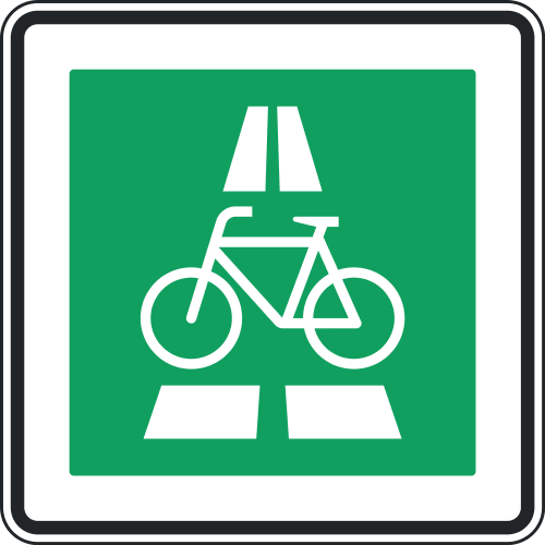 Verkehrszeichen Radschnellweg Aufstellung rechts VZ 350.1-10 mit Fahrrad und Fahrbahnmarkierung auf grünem Hintergrund