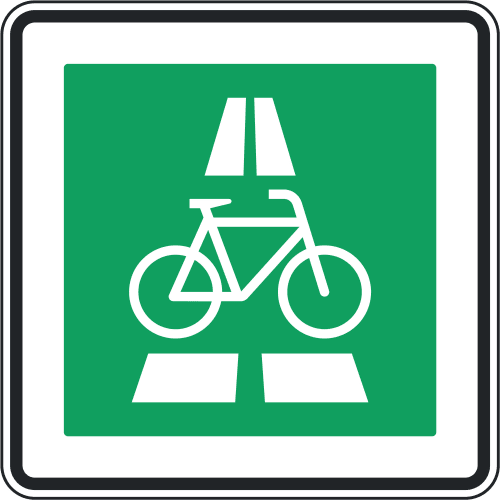 Verkehrszeichen VZ 350.1-20 Radschnellweg Aufstellung links mit Fahrrad und Fahrbahnmarkierung auf grünem Hintergrund