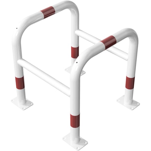 Weißer Baum- und Säulenschutzbügel mit Querholm und roten Markierungen, Ø 60 mm