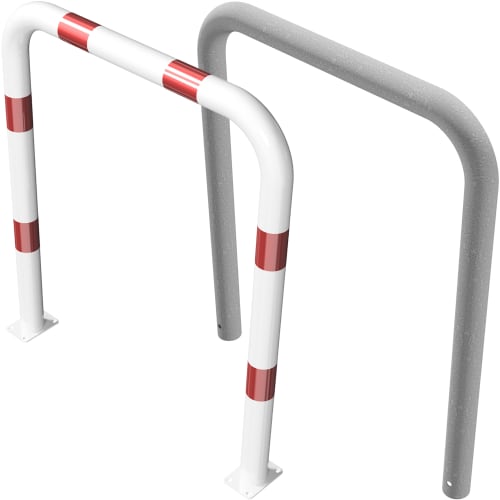 Rammschutz- und Absperrbügel aus Stahl mit Ø 76 mm, weiß mit roten Streifen und grauer Ausführung