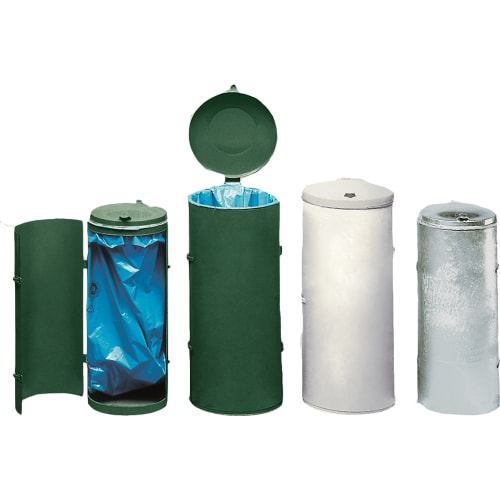 Müllsackhalter mit Einflügeltür in verschiedenen Zuständen und Farben, grün und weiß, mit geöffnetem und geschlossenem Deckel