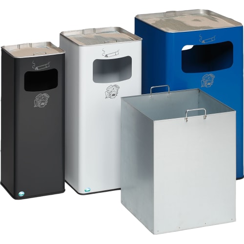 Abfallsammler B 25 R, B 32 R und B 42 R in schwarz, weiß und blau mit integriertem Ascher und herausnehmbarem Inneneimer