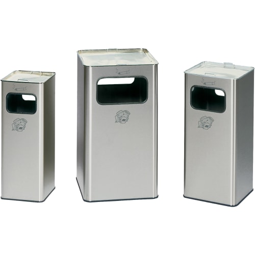 Drei silberne Abfallsammler B 26 R, B 33 R und B 43 R mit integriertem Ascher, rechteckig mit offenem Einwurf