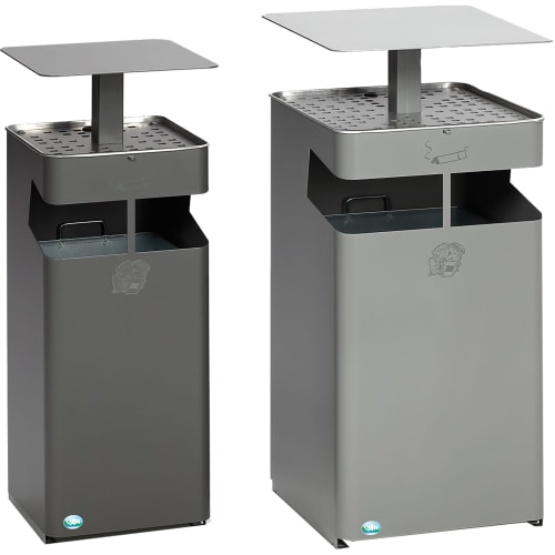 Abfallsammler B 35 und B 45 mit Ascher und Dach in zwei Größen, graue Metallmülleimer mit integriertem Aschenbecher und Wetterschutzdach