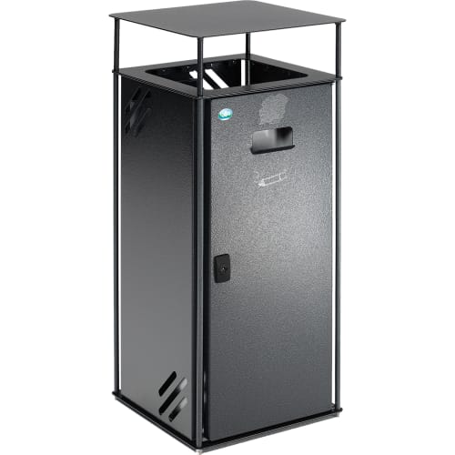 Schwarzer Abfallsammler B 40 mit Dach und Tür aus Metall