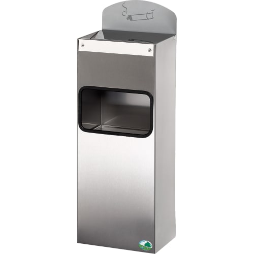 Abfallsammler mit Wandascher WH 51 aus Edelstahl mit integriertem Schild und Aschenbecher