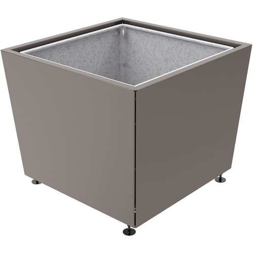 Moderner Pflanzenbehälter Olbia in quadratischer Form mit grauer Außenfläche und verzinktem Innenbereich