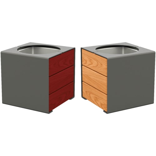 Pflanzenbehälter Kube aus Stahl mit Holzverkleidung in rot und naturfarben, quadratisch mit rundem Pflanzeinsatz