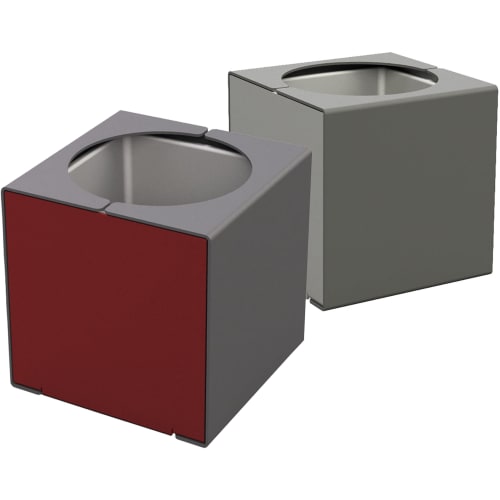 Pflanzenbehälter Kube aus Stahl in grauer und roter Farbe, quadratisch mit rundem Pflanzloch