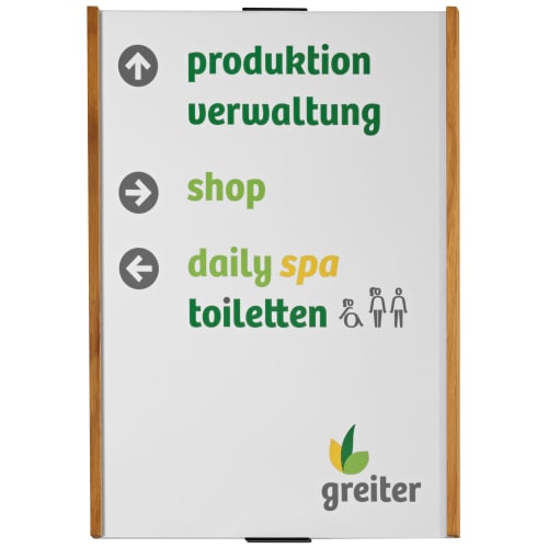 Etagenwegweiser Holz LMH Studioline Essentials mit Wegweisern zu Produktion, Verwaltung, Shop, Daily Spa und Toiletten