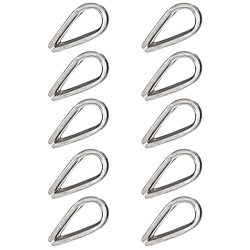 Zehn silberne Seilkauschen aus Metall, angeordnet in zwei Spalten auf weißem Hintergrund