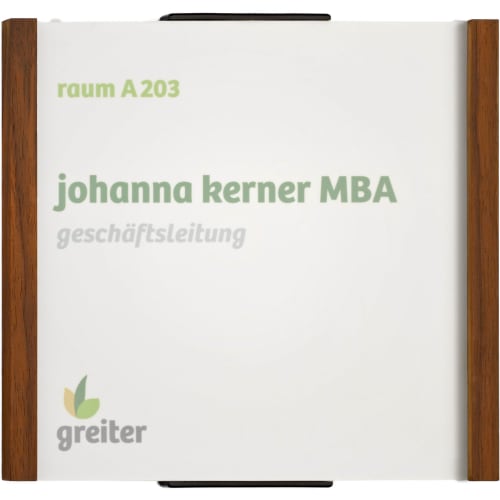 LMH Studioline Essentials Türschild mit Holzleisten raum A 203 johanna kerner MBA geschäftsleitung greiter