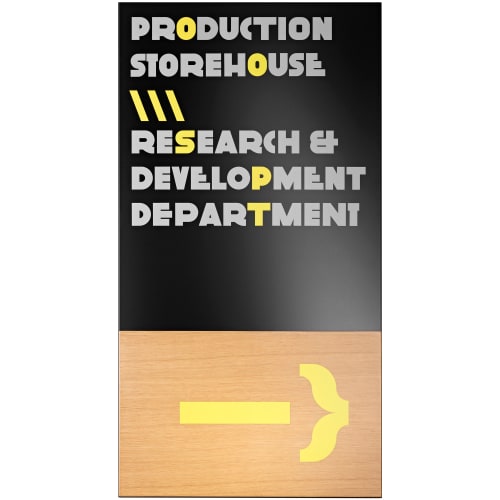 LMH Studioline Wegweiser mit Holzleisten zur Festbeschriftung, schwarzes Schild mit gelb-grauer Schrift und Holzleisten, Wegweiser für Production Storehouse, Research & Development Department