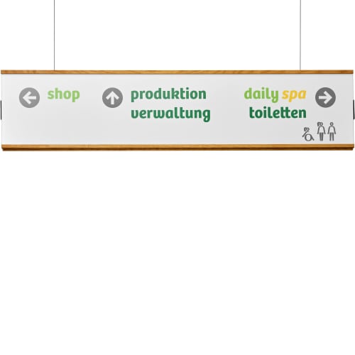 Deckenhänger Holz LMH Studioline mit Beschriftungseinlage, Wegweiser zu Shop, Produktion Verwaltung, daily spa Toiletten mit Piktogrammen