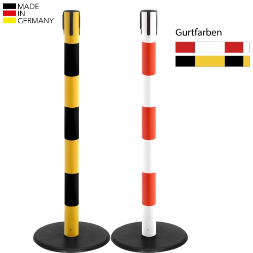 Zwei Gurtabsperrpfosten FAMOUS INDUSTRY (GLAG 28) von WACHTWERK X®, ein gelb-schwarzer und ein weiß-rot gestreifter Absperrpfosten mit schwarzer runder Basis