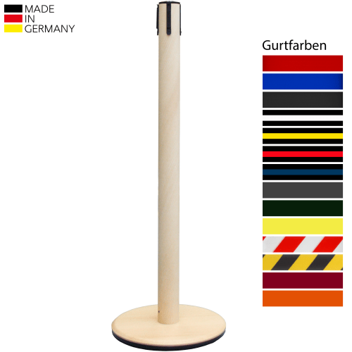 Gurtabsperrpfosten ASH GL ECO 28 aus Holz mit schwarzem Gurtverschluss und verschiedenen Gurtfarben, Made in Germany